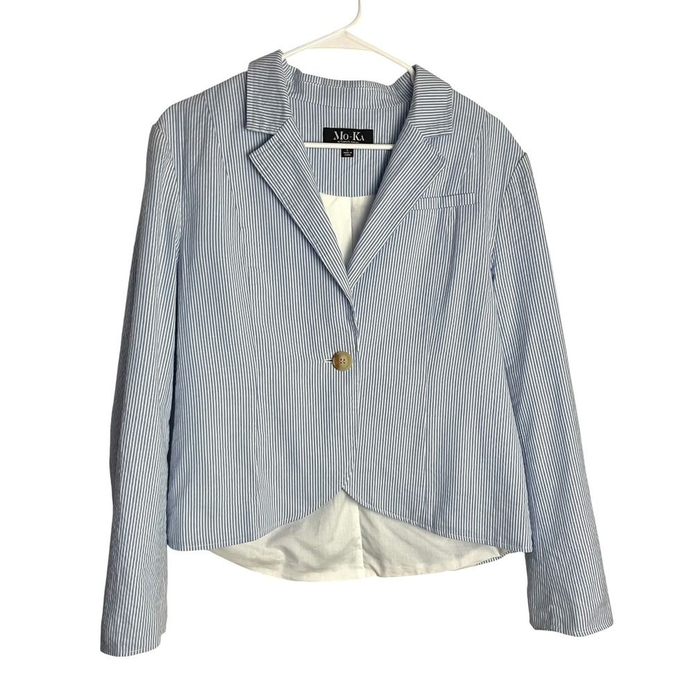 Mo-Ka Santa Fe Apparel Womens Seersucker‎ Blazer Sz L Blue Stripe Coastal Preppy